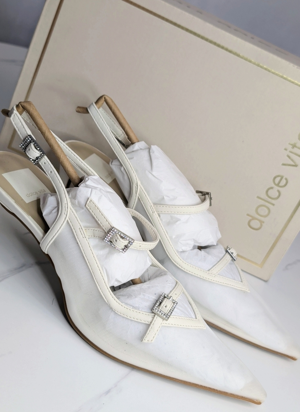 Dolce Vita White Slingback Heels Size 8 Mesh Rhinestone Buckle Pointed Toe NEW - Picture 2 of 6